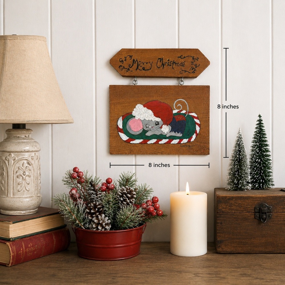 Hand Painted Christmas Mouse Wood Wall Hanging Folk Art Merry Christmas Sign